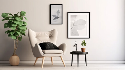 Stylish Scandinavian composition of living room with white wall. Generative AI