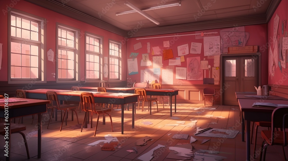 Poster a large number of desks and chairs can be found in this space.