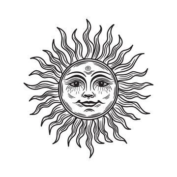 Sun with a face. hand drawing style, engraving illustration