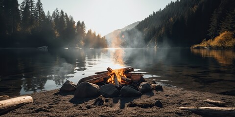 AI Generated. AI Generative. Outdoor nature wild landscape bonfire campfire camp flame relax chill lake beach side. Adventure trip relax vibe. Graphic Art - obrazy, fototapety, plakaty