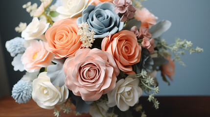Dusty blue blush pink and coral rose white hydrangea. 
