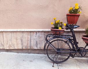 Fototapeta na wymiar Antique bicycle with yellow flowers in front of a wall, Italy.