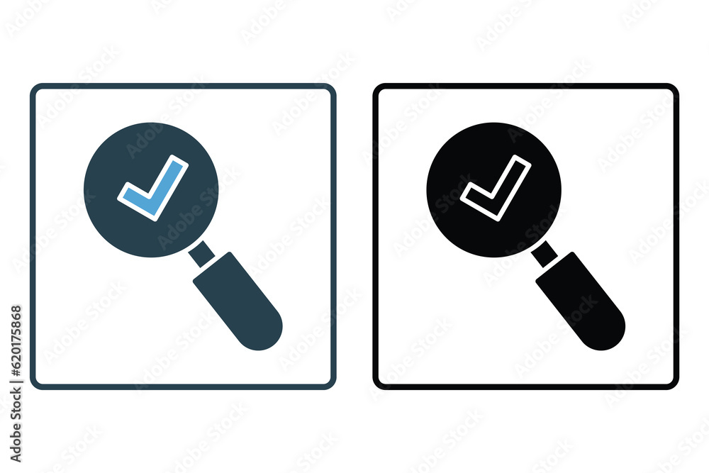 Poster find icon. search, magnifying glass with check mark. solid icon style design. simple vector design e
