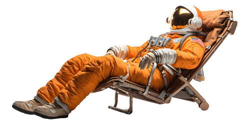 Astronaut lying on a sun lounger, space man rest, isolated on white background, generated ai - obrazy, fototapety, plakaty