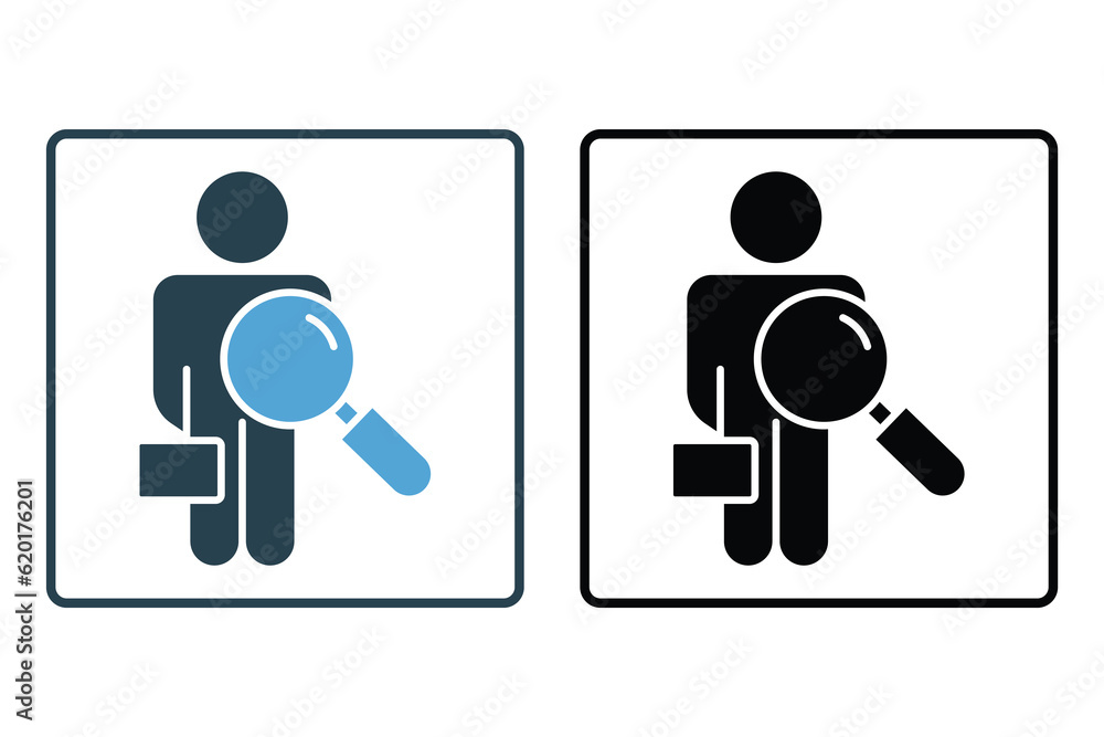 Aufkleber find employee icon. magnifying glass with man. solid icon style design. simple vector design editabl