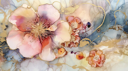 Elegant floral watercolor with alcohol ink with theme. 