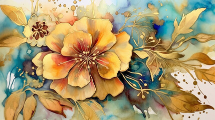 Elegant floral watercolor with alcohol ink with theme.  - obrazy, fototapety, plakaty