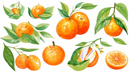 Mandarin fruits flowers leaves watercolor illustration on white background 