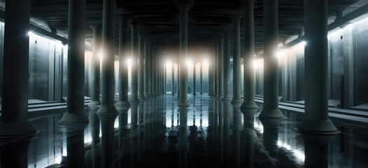 Naklejka premium Underground waterway, resovoir, or water tunnels. Corridor with massive columns. Hand edited generative AI.