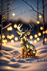 photo christmas gold deer stand on the snow with christmas decoration made with Generative AI