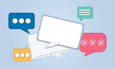 Blank white message, notification, speech bubble with copy space. Digital communication and chat. Concept of social network.on blue background.Vector Design Illustration.