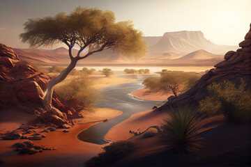 Chad landscape with mountains and river. Generative AI Art. Beautiful view.