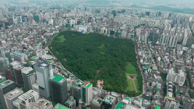 Drone View of Seoul city in South Korea, Gangnam road 60fps