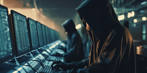 Fototapeta na wymiar Hacker in the black hood in the server room. Unrecognizable people