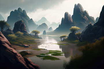 China landscape with mountains and lake. Generative AI Art. Beautiful view.