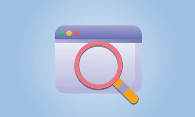 Magnifying glass icon cartoon style with computer window Online browser search concept.on blue background.Vector Design Illustration.