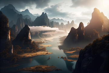 China landscape with mountains and lake. Generative AI Art. Beautiful view.