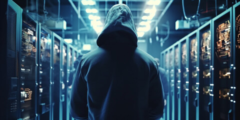 Hacker in the black hood in the server room. Unrecognizable people