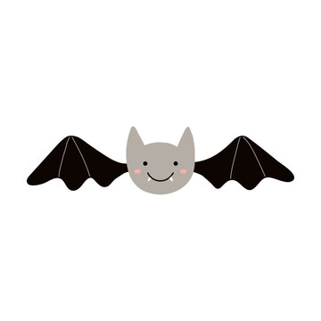 Cute funny flying bat Halloween cartoon character illustration. Hand drawn animal, kawaii style flat design, isolated vector. Kids seasonal print element, trick or treat, autumn holiday party