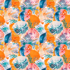  Seamless blue red underwater shell clam repeat background. Tropical modern seashell coastal pattern clash fabric coral reef print for summer beach textile designs with a linen cotton effect.