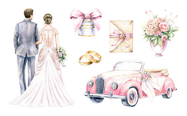 Watercolor set with bride and groom, gold wedding rings, vintage car, envelope, box with bow, vase with flowers. Hand drawn illustration isolated on white background