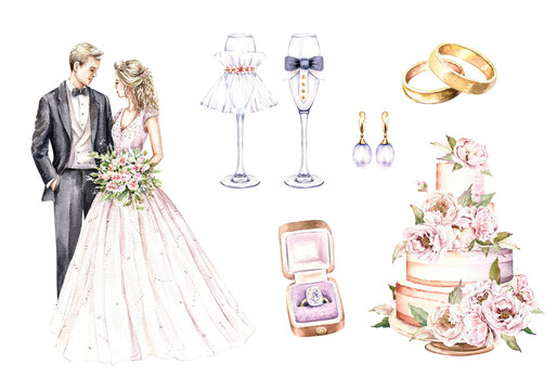 Watercolor set with bride and groom, gold wedding rings, cake, engagement ring, pearl earrings, glasses, peonies. Hand drawn illustration isolated on white background