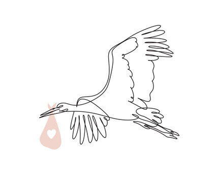 Stork delivering baby. Continuous line art drawing. Stork landing with cradle in beak black linear sketch isolated on white background. Vector illustration