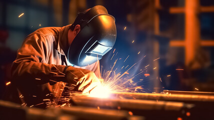Welder Welding Steel Construction. Welded Iron Mask at Steel welding plants, industrial safety first concept.


