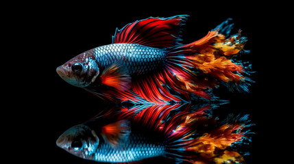 Fototapeta premium A mesmerizing sight unfolds as a Betta fish poses in a mirrored reflection, displaying its vivid colors and intricate patterns mirrored on the water's surface.