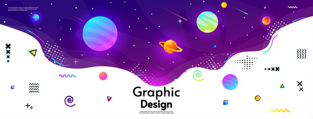 Space horizontal banner. Vector illustration. Background with cosmos scenes.  Design for wallpaper, background.