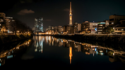Obraz premium Capture the enchanting reflection of city lights shimmering on the calm waters of the nearby river, where the urban skyline meets the serenity of nature, creating a mesmerizing spectacle that delights