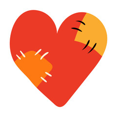 Obraz premium Heart with patches Halloween costume accessory hand drawn illustration. Cartoon style flat design, isolated vector. Kids seasonal print element, autumn holiday party, cosplay, carnival, decoration