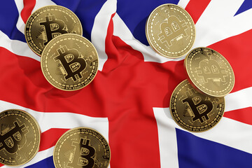 Golden bitcoins on the national flag of the UK. Illustration of the concept of trading of bitcoins by Brits