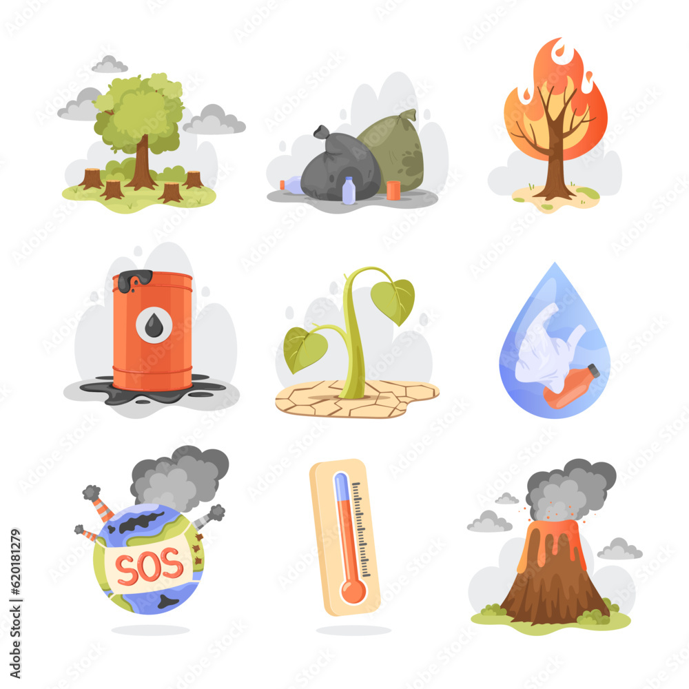 Poster healthy and leafless trees and garbage vector illustrations set. cartoon drawings of trees with and 