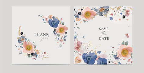 Wedding invite save the date card set. Pastel floral watercolor flowers. Floral vector illustration. Dusty blue, pink anemone, white hydrangea petals, blackberries, golden glitter bouquet wreath frame