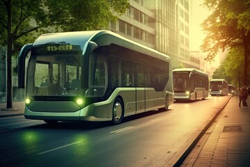 Obraz premium hydrogen fuel cell-powered bus fleet, offering zero-emission public transportation solutions for urban areas - generative AI