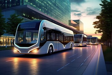 Obraz premium hydrogen fuel cell-powered bus fleet, offering zero-emission public transportation solutions for urban areas - generative AI