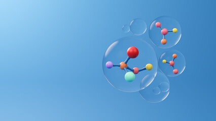 Atom or molecule structure, Scientific research in molecular chemistry. Science background molecule and atom model, inorganic compound. Biotechnology, chemistry, physics, biology, 3d rendering