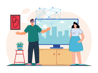 Man using VR headset at home vector illustration. Cartoon drawing of wife looking at husband seeing geometric shapes in VR glasses. Virtual reality, modern technology, entertainment, leisure concept