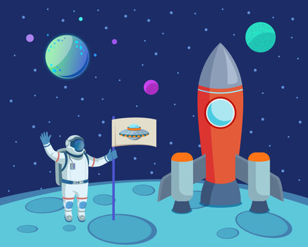 Astronaut with rocket on moon vector illustration. Drawing of man in spacesuit holding flag with UFO, journey around space, exploring satellite of planet. Outer space, exploration, astrology concept