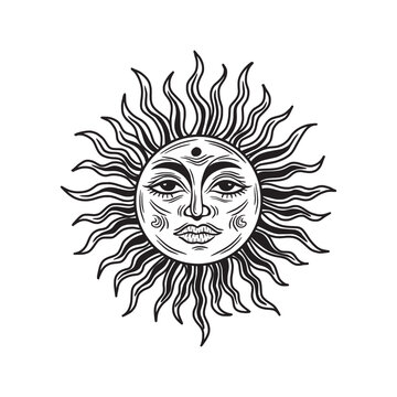Sun with a face. hand drawing style, engraving