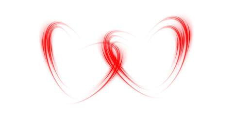 Abstract red light lines of movement and speed in the shape of two hearts. Glow light effect. PNG.