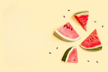 Watermelon fruit sliced isolated on yellow background, Organic fruit, Watermelon pieces