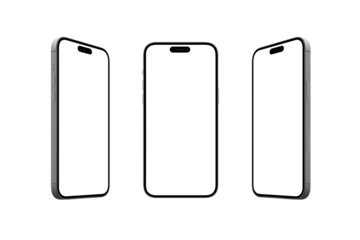 Modern smartphone showcasing in front and sides view. Transparent phones and display for presenting apps, websites, and digital products. Camera is built into the display, round edges