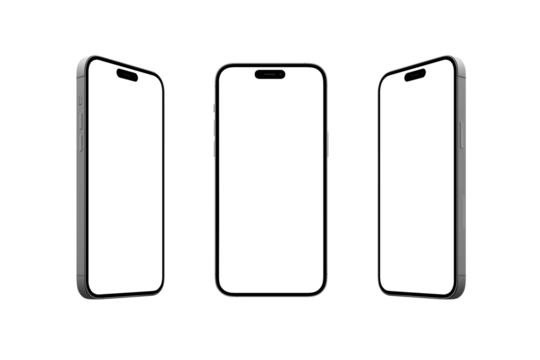 Modern smartphone showcasing in front and sides view. Transparent phones and display for presenting apps, websites, and digital products. Camera is built into the display, round edges