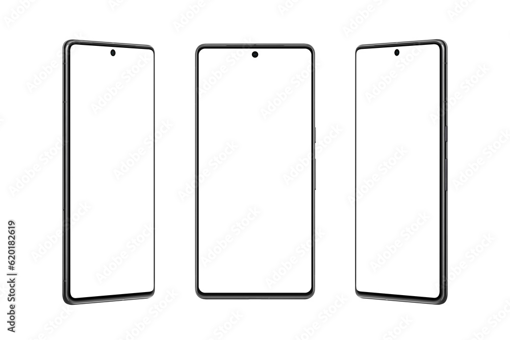 Fototapete Transparent smartphone presented from the left, right and front side, emphasizing its slim profile and curved edges. Isolated screen for e-commerce platforms, app developers, and advertisers showcase