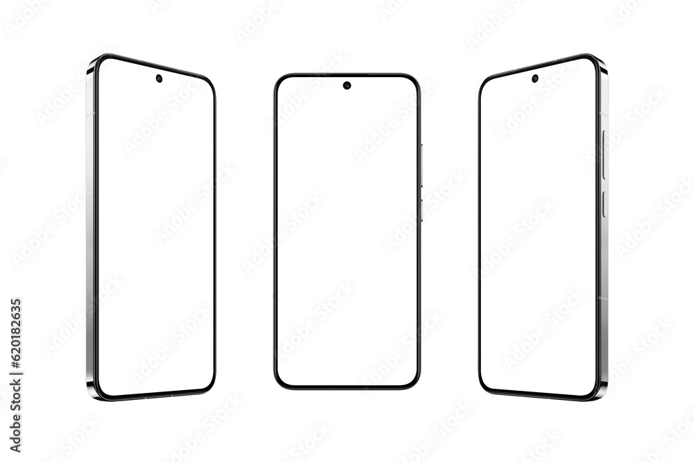 Poster Premium smartphone with isolated, transparent display in three positions. Showcasing digital content, mobile apps, websites, and online shopping. Perfect for marketing cutting-edge solutions