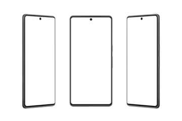 Transparent smartphone presented from the left, right and front side, emphasizing its slim profile and curved edges. Isolated screen for e-commerce platforms, app developers, and advertisers showcase