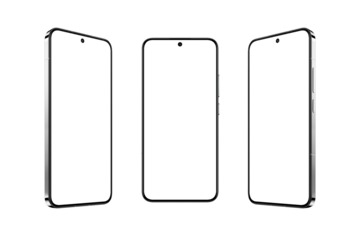 Premium smartphone with isolated, transparent display in three positions. Showcasing digital content, mobile apps, websites, and online shopping. Perfect for marketing cutting-edge solutions