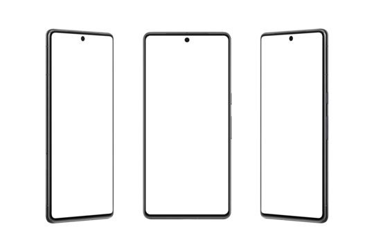 Transparent smartphone presented from the left, right and front side, emphasizing its slim profile and curved edges. Isolated screen for e-commerce platforms, app developers, and advertisers showcase